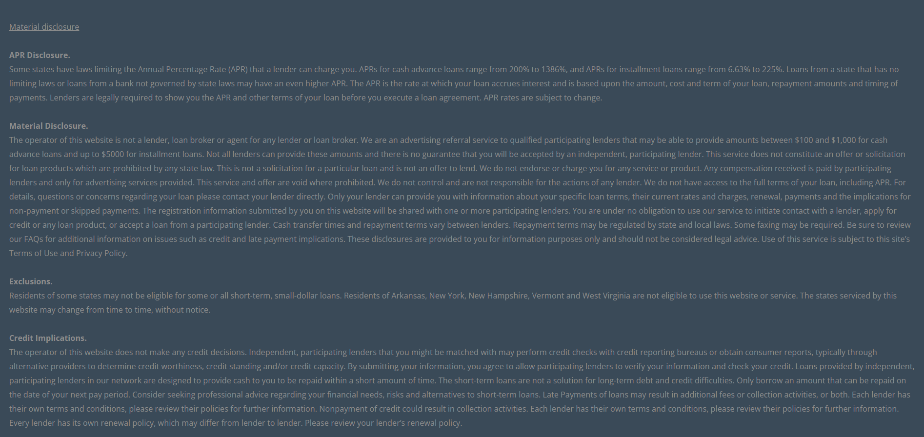 Material disclosure for payday loans in Los Angeles California